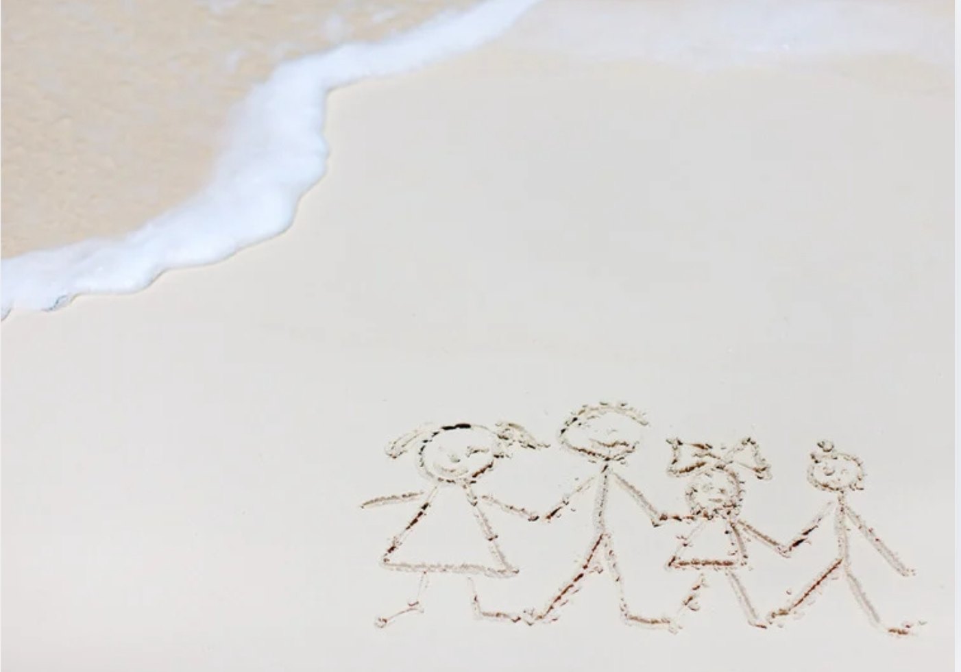 Familie in den Sand gezeichnet, dahinter eine auslaufende Welle